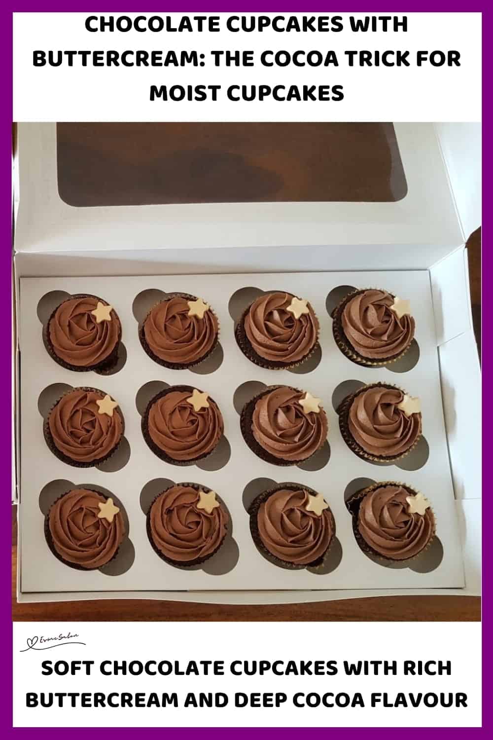 An image of a box and platter with Chocolate Cupcakes With Rich Cocoa Buttercream
