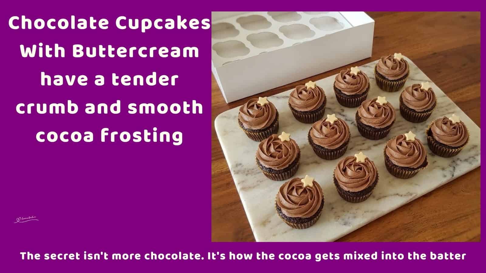 An image of a box and platter with Chocolate Cupcakes With Rich Cocoa Buttercream