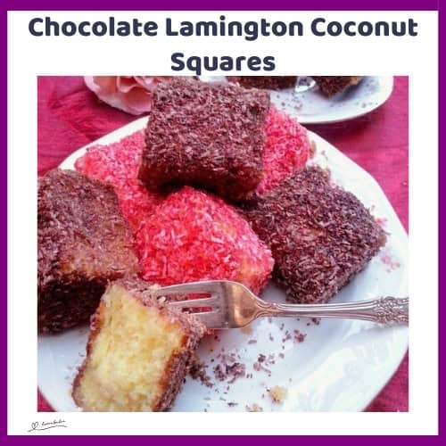 An image of a plate with Chocolate and Red colored Lamington Coconut Squares