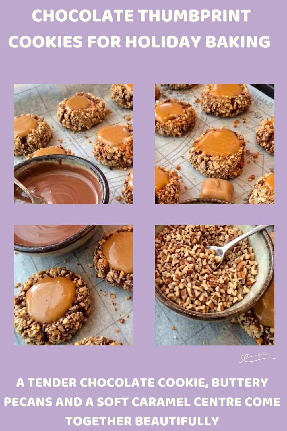 An image of a tray filled with Chocolate Thumbprint Cookies coated with pecan nuts and a caramel centre