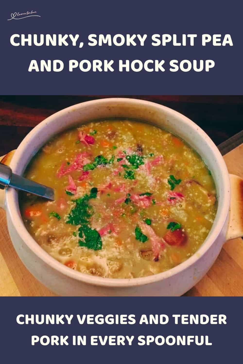 An image of a soup bowl with Smoky Split Pea and Pork Hock Soup