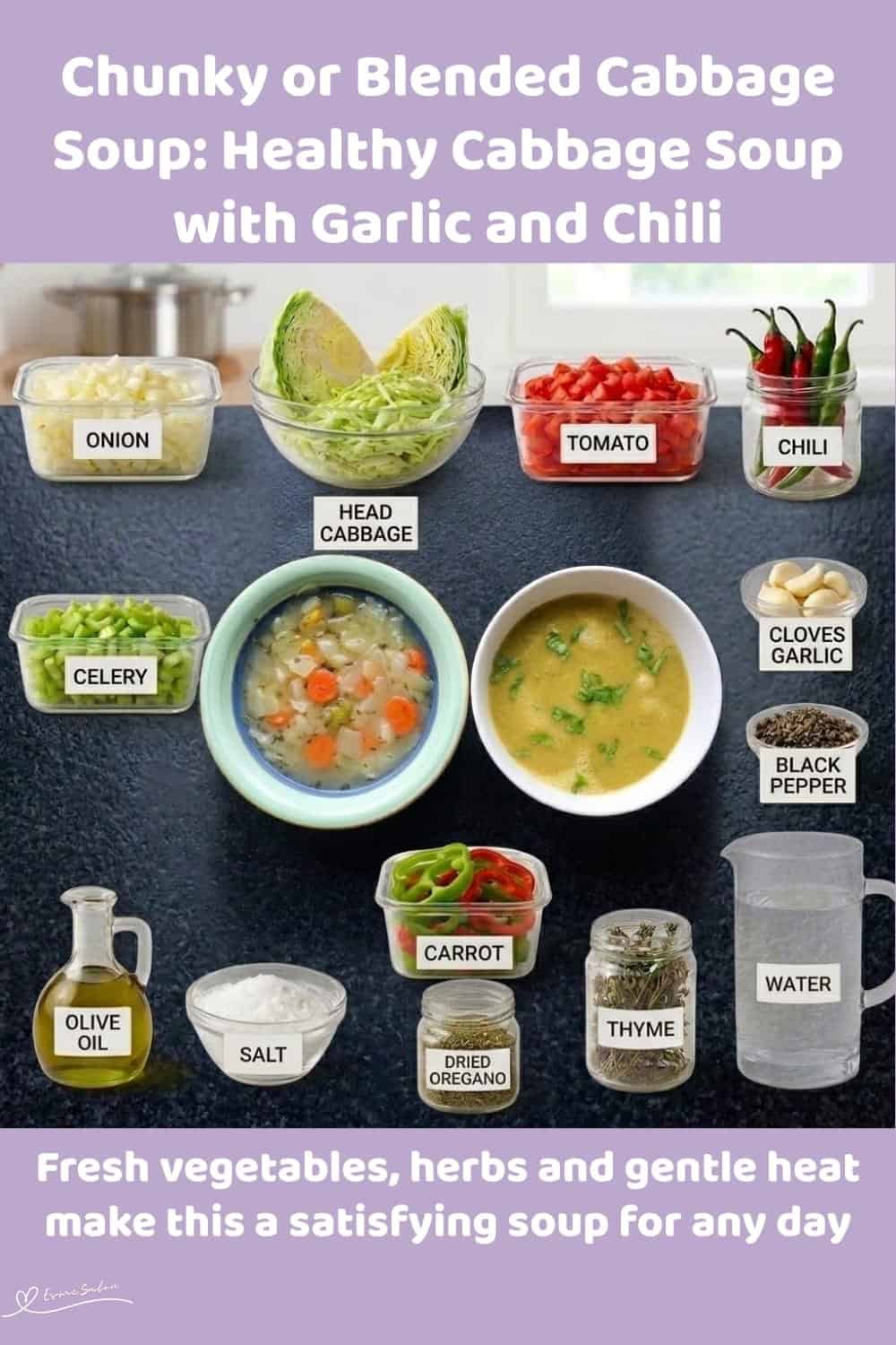 An image of a bowl of Chunky or Blended Cabbage Soup