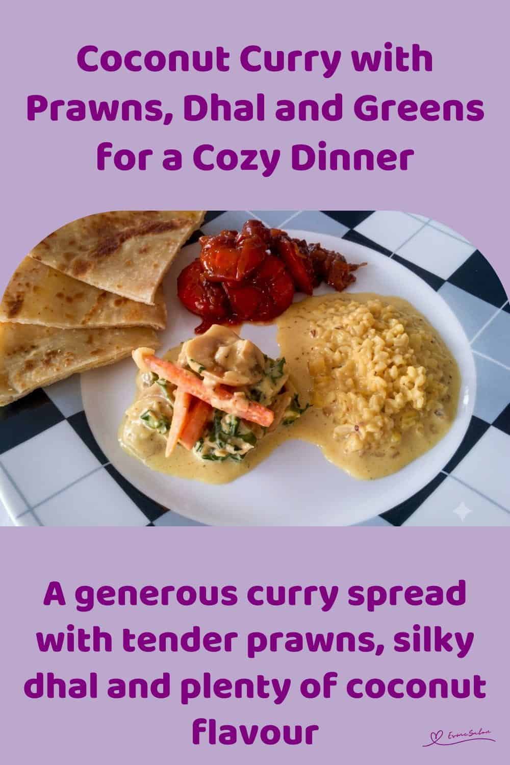 An image of an Indian meal of Hearty Coconut Curry with Prawns, Dhal and Greens