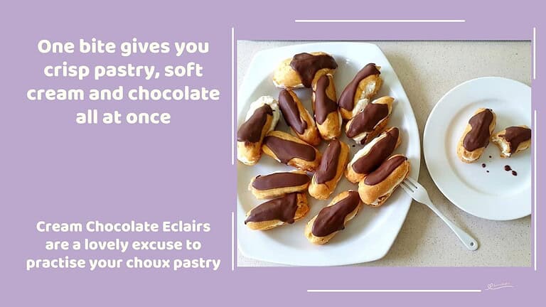 An image of a plate with Choux Pastry Cream Chocolate Eclairs