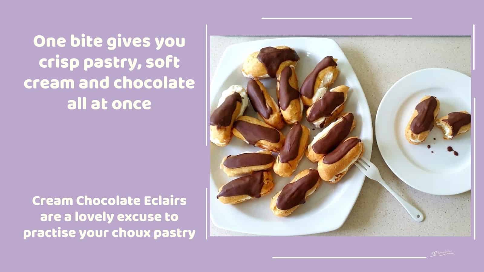 An image of a plate with Choux Pastry Cream Chocolate Eclairs