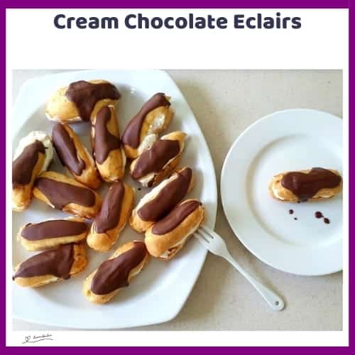 An image of a plate with Choux Pastry Cream Chocolate Eclairs