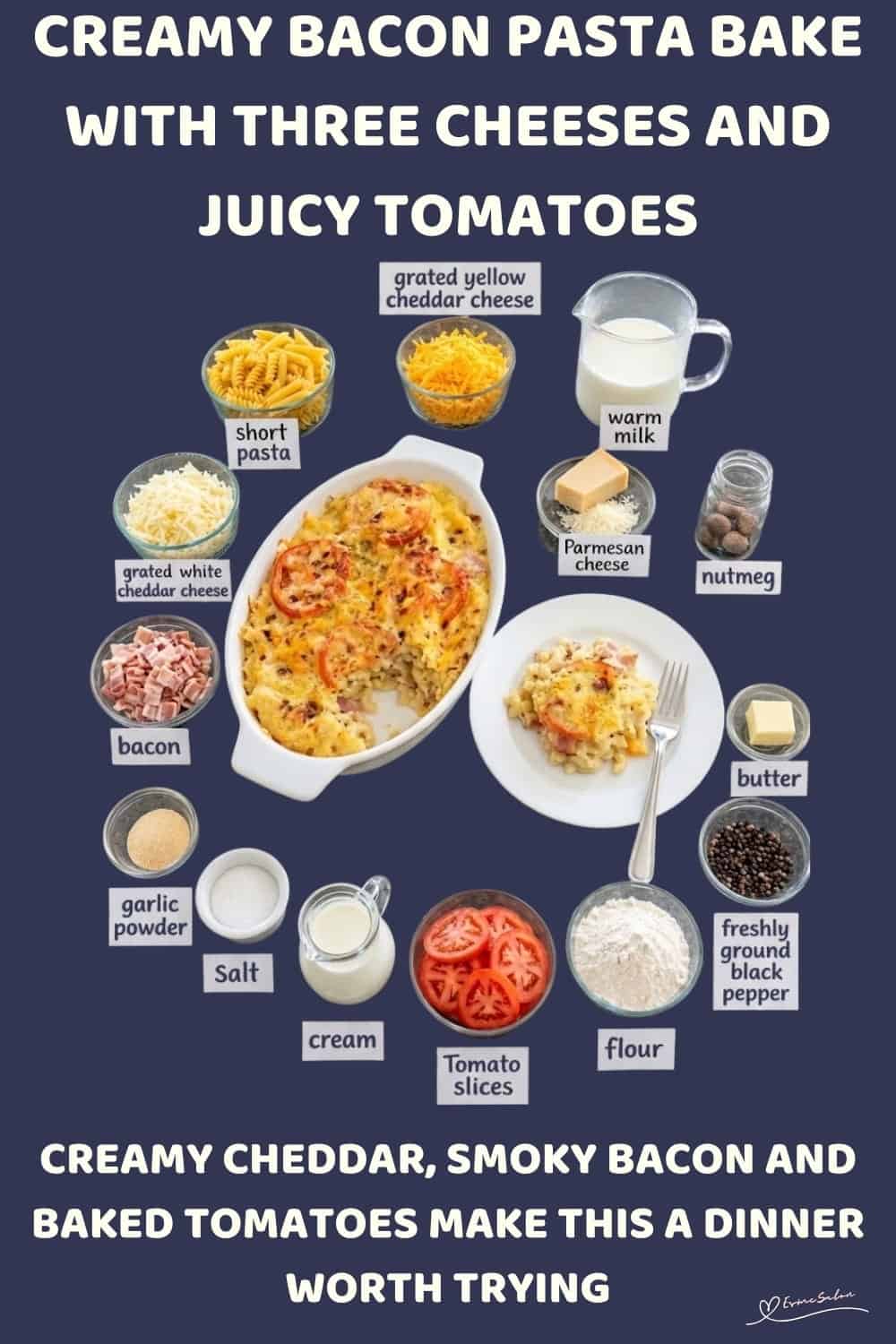An image of a dish of Bacon Tomato Pasta Bake with three different cheeses