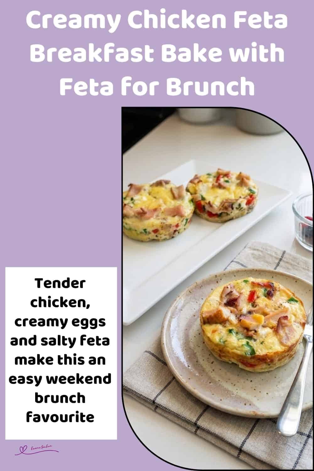 An image of Creamy Chicken Feta Breakfast Bake in the making and a single serving on a side plate