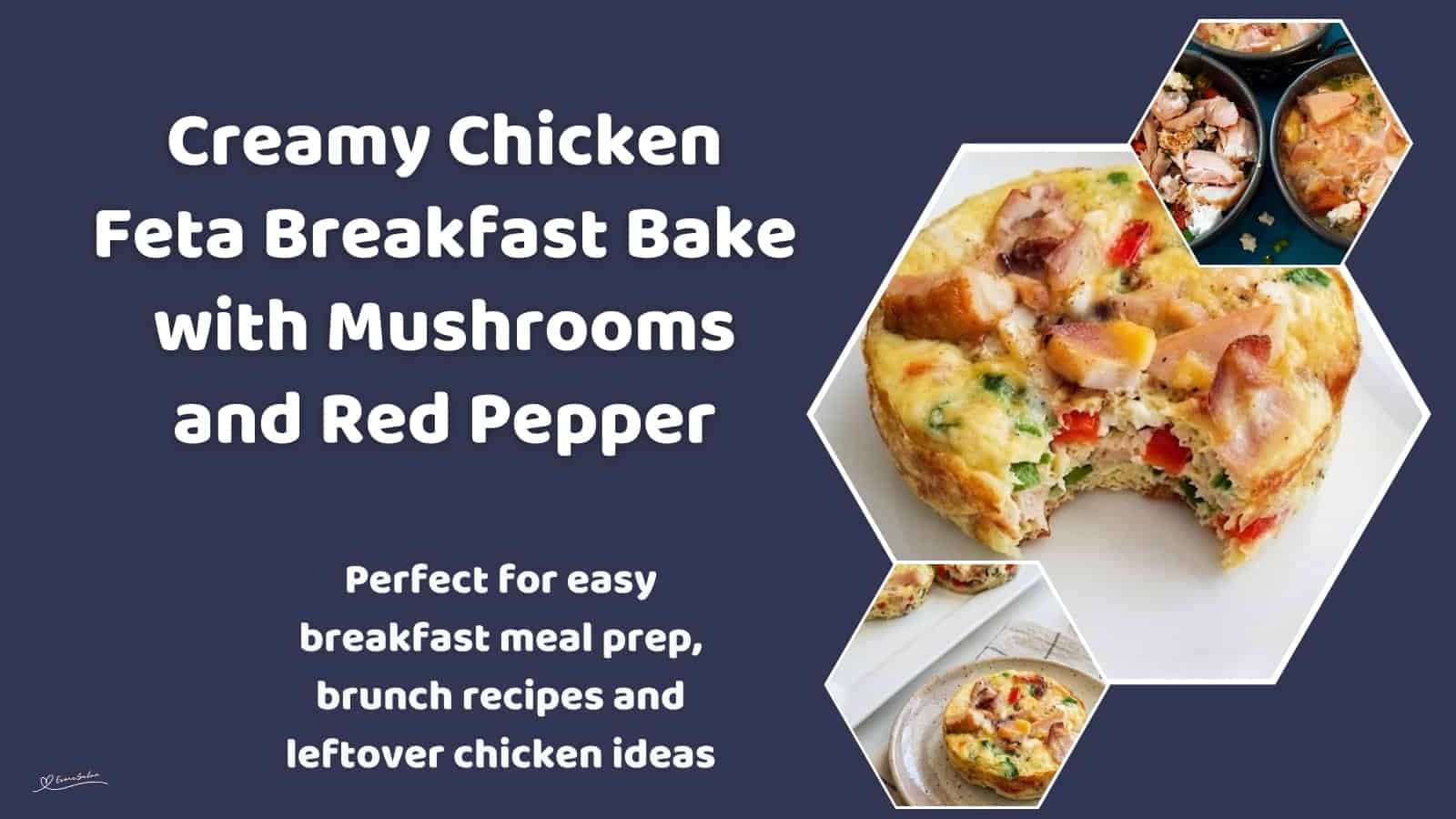 An image of Creamy Chicken Feta Breakfast Bake in the making and a single serving on a side plate