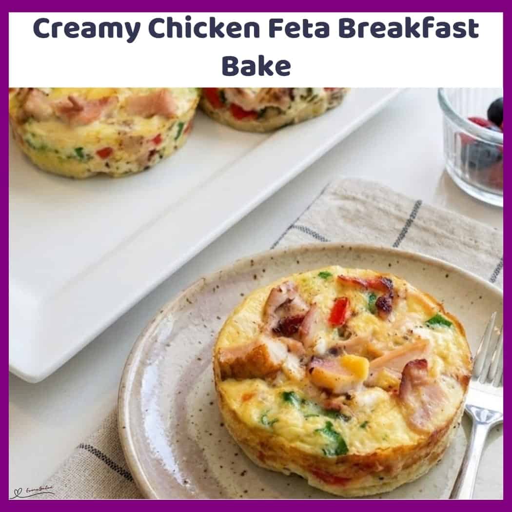 An image of Creamy Chicken Feta Breakfast Bake in the making and a single serving on a side plate