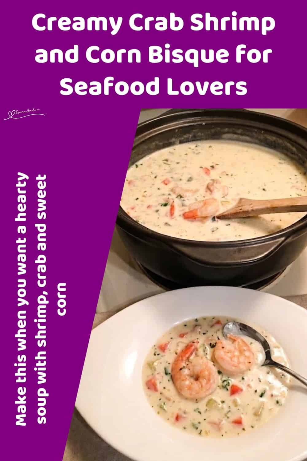 An image of a soup bowl with Creamy Crab Shrimp and Corn Bisque