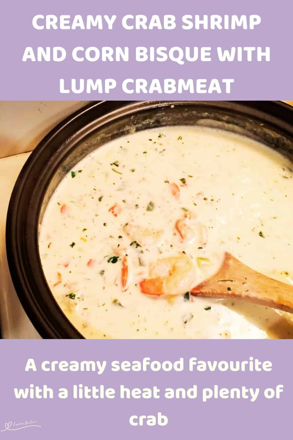 An image of a soup bowl with Creamy Crab Shrimp and Corn Bisque