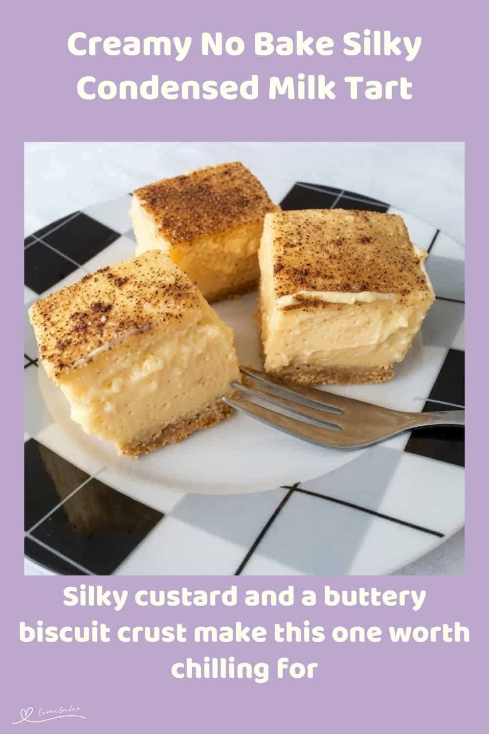 An image of a plate filled with 3 cubes of No Bake Silky Condensed Milk Tart