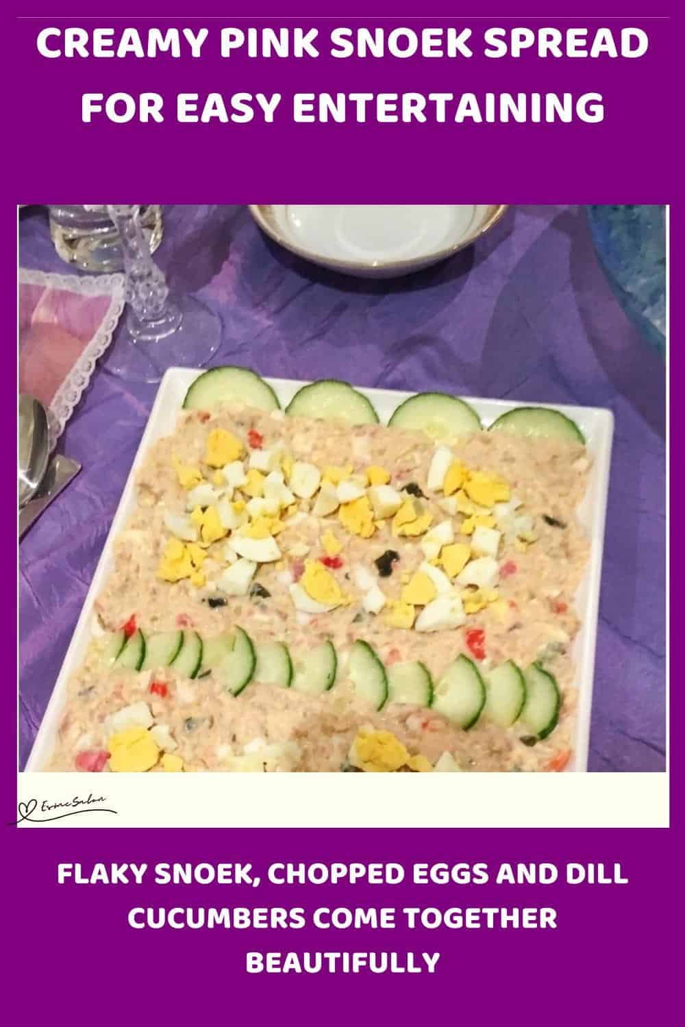 An image of a platter with a Pink Creamy Snoek Spread with dill cucumbers, finely chopped hard-boiled egg and chopped tomato