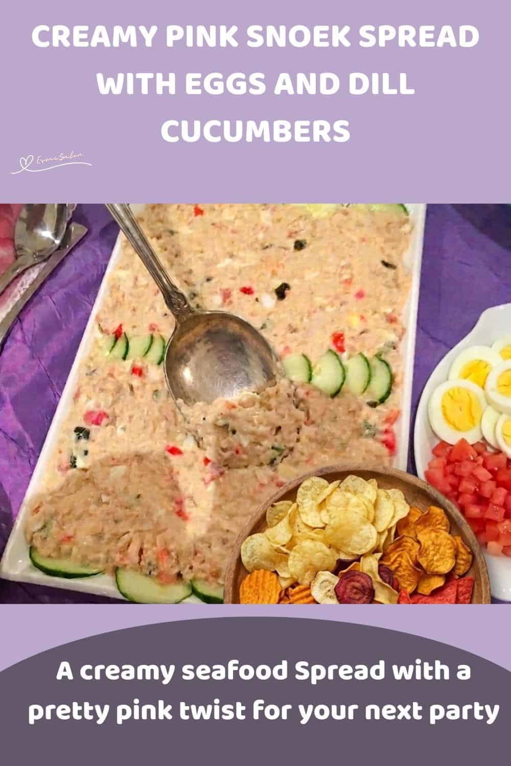An image of a platter with a Pink Creamy Snoek Spread with dill cucumbers, finely chopped hard-boiled egg and chopped tomato