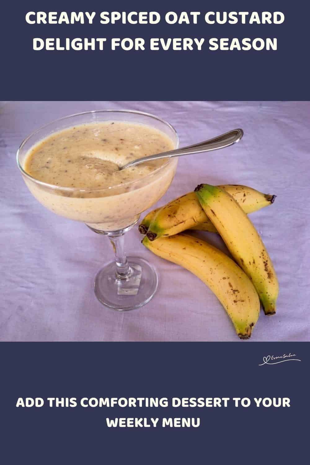 An image of a Glass with A Creamy Spiced Oat Custard Delight with banana and pieces of nuts, served with strawberry