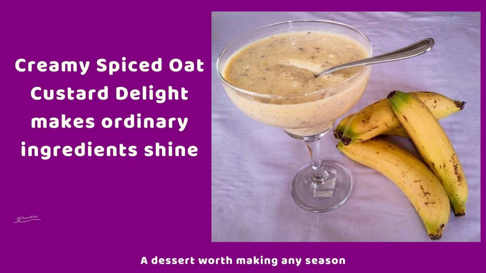 An image of a Glass with A Creamy Spiced Oat Custard Delight with banana and pieces of nuts, served with strawberry