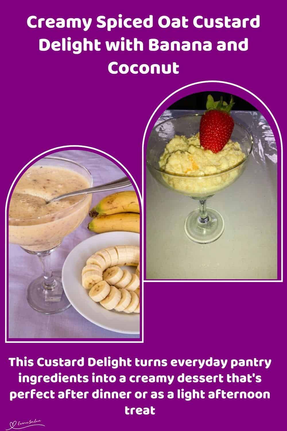 An image of a Glass with A Creamy Spiced Oat Custard Delight with banana and pieces of nuts, served with strawberry