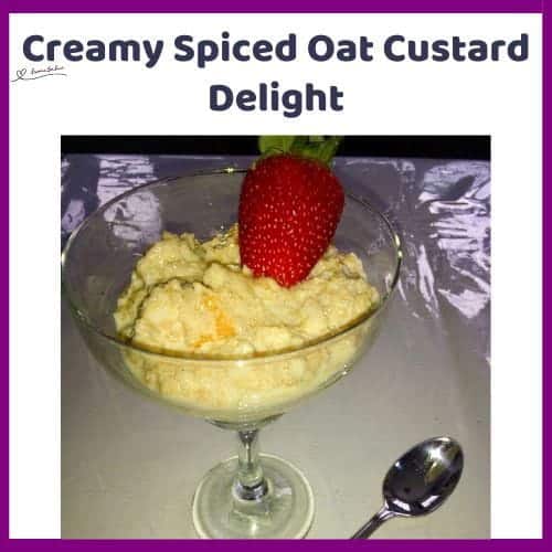 An image of a Glass with A Creamy Spiced Oat Custard Delight with banana and pieces of nuts, served with strawberry