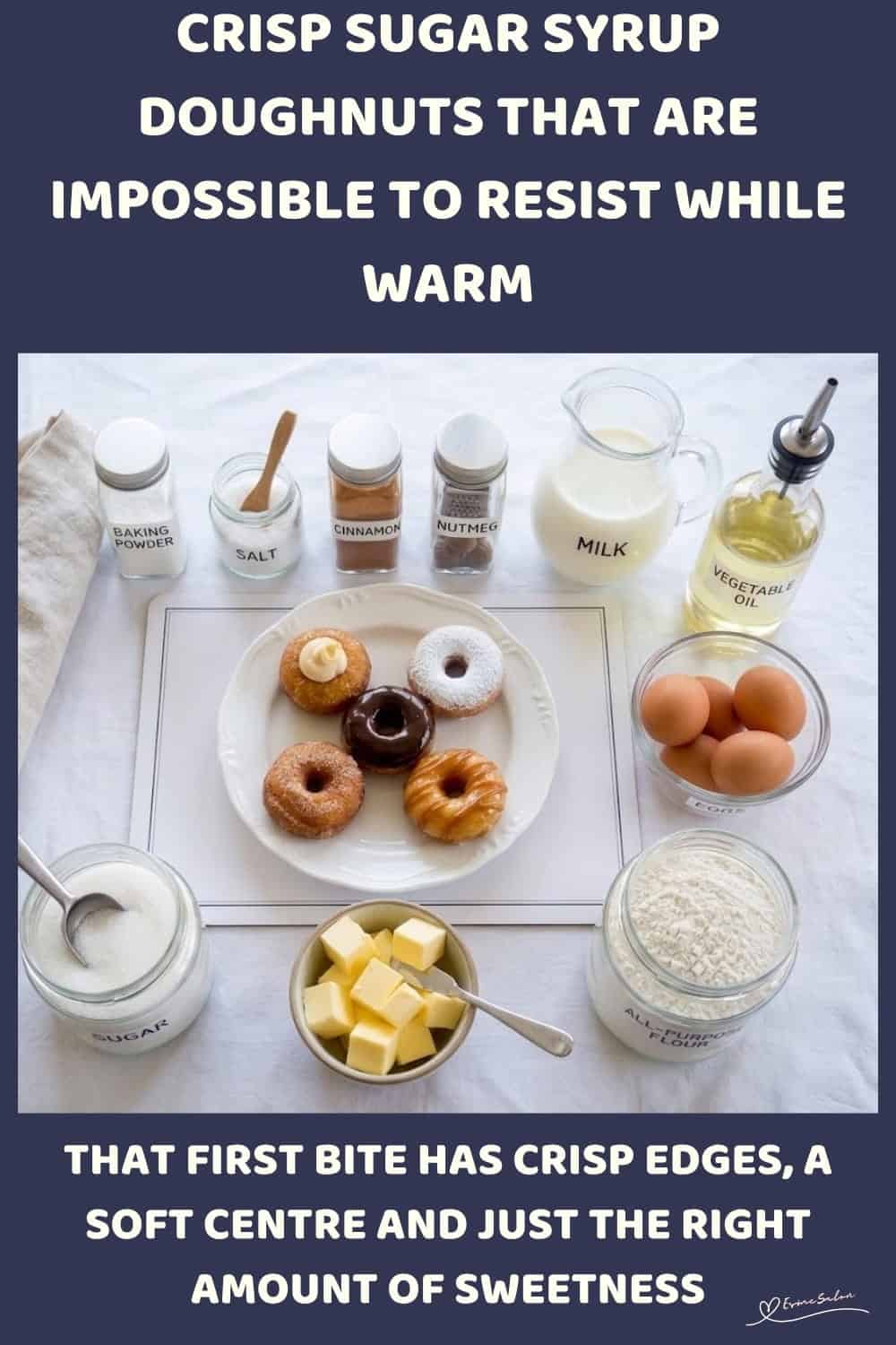An image of a tray of Crisp Sugar Syrup Doughnuts with different toppings