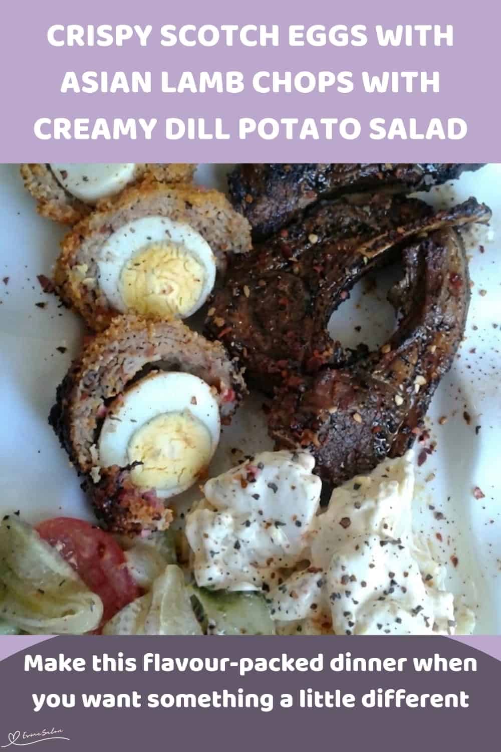 An image of a plate with Scotch Eggs, Asian Lamb Chops and Creamy Potato Salad