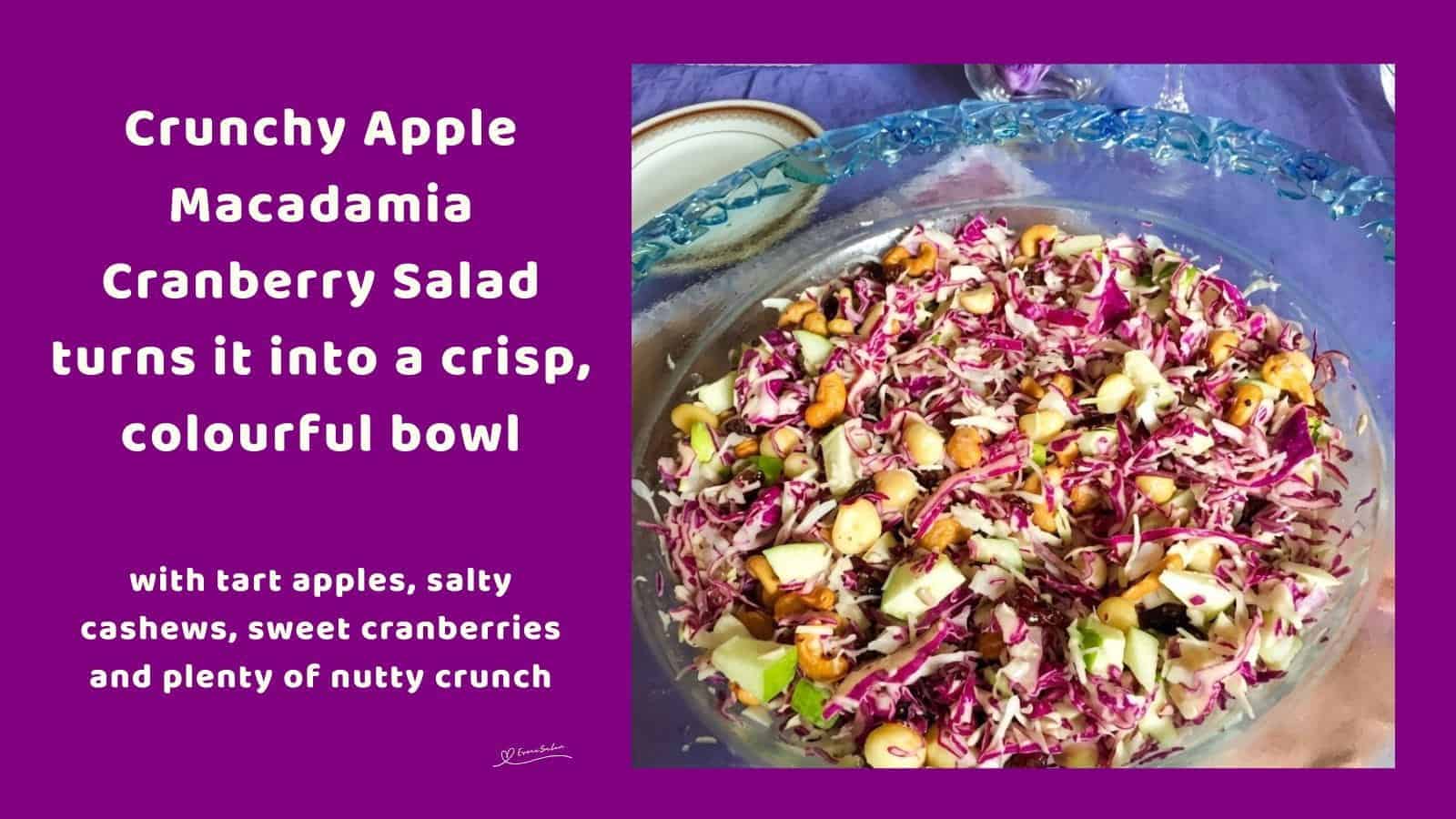 An image of a bowl of Crunchy Cranberry Salad with Crisp Red Cabbage, Tart Apples and Crunchy Macadamias