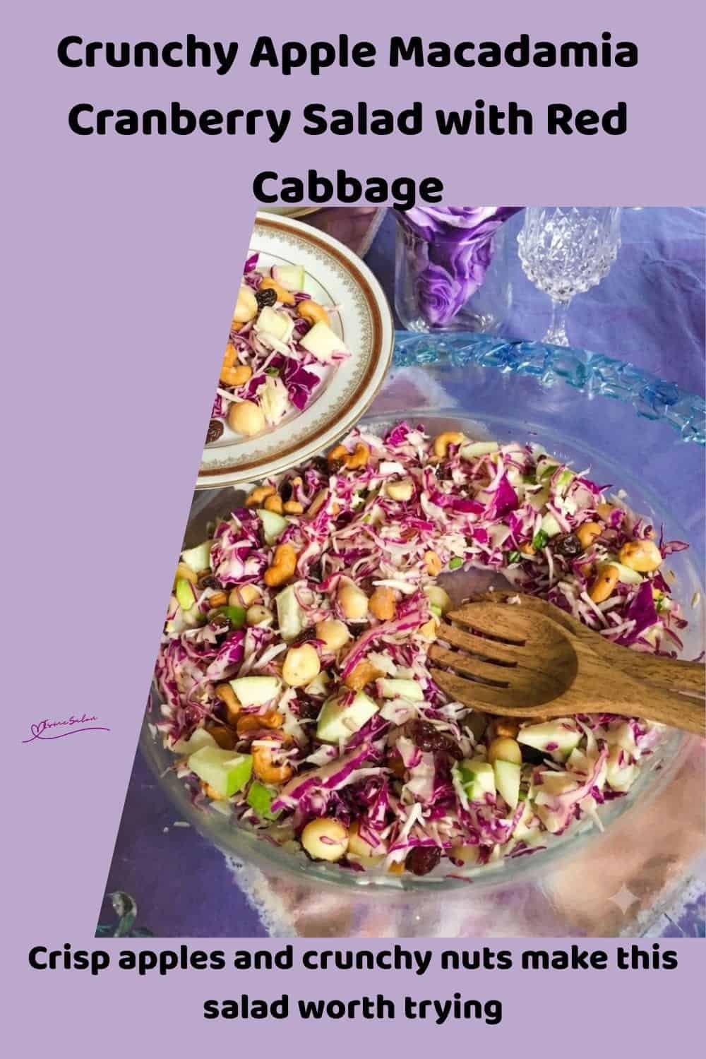 An image of a bowl of Crunchy Cranberry Salad with Crisp Red Cabbage, Tart Apples and Crunchy Macadamias