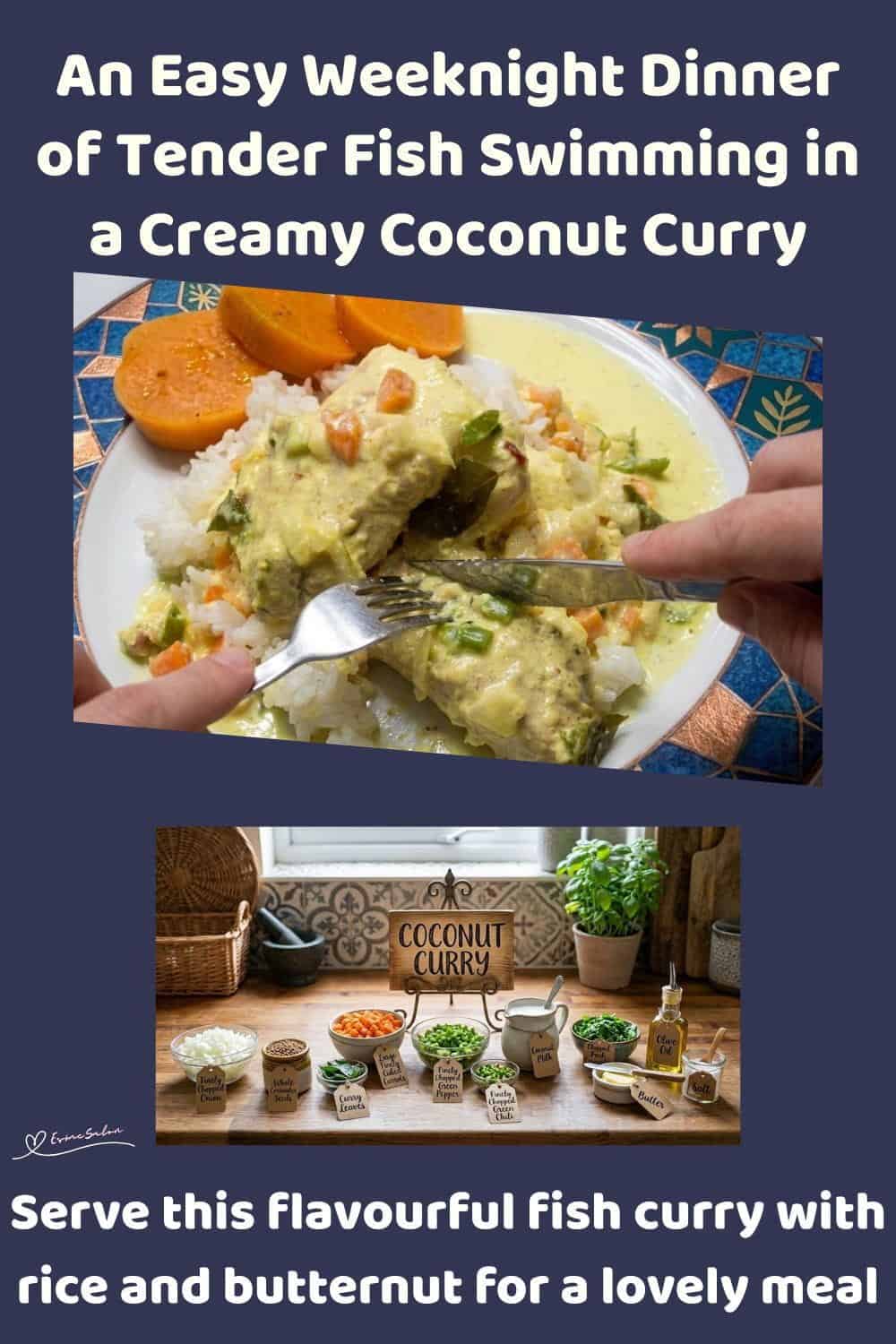 An image of a plate filled with Angel fish in a Creamy Coconut Curry sauce, served with rice and cooked butternut