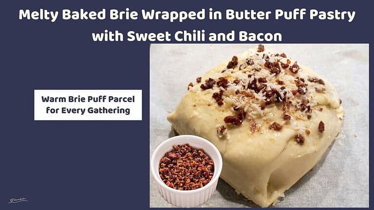 An image of Brie wrapped in Flaky Pastry with chili sauce, bacon bits and parmesan cheese