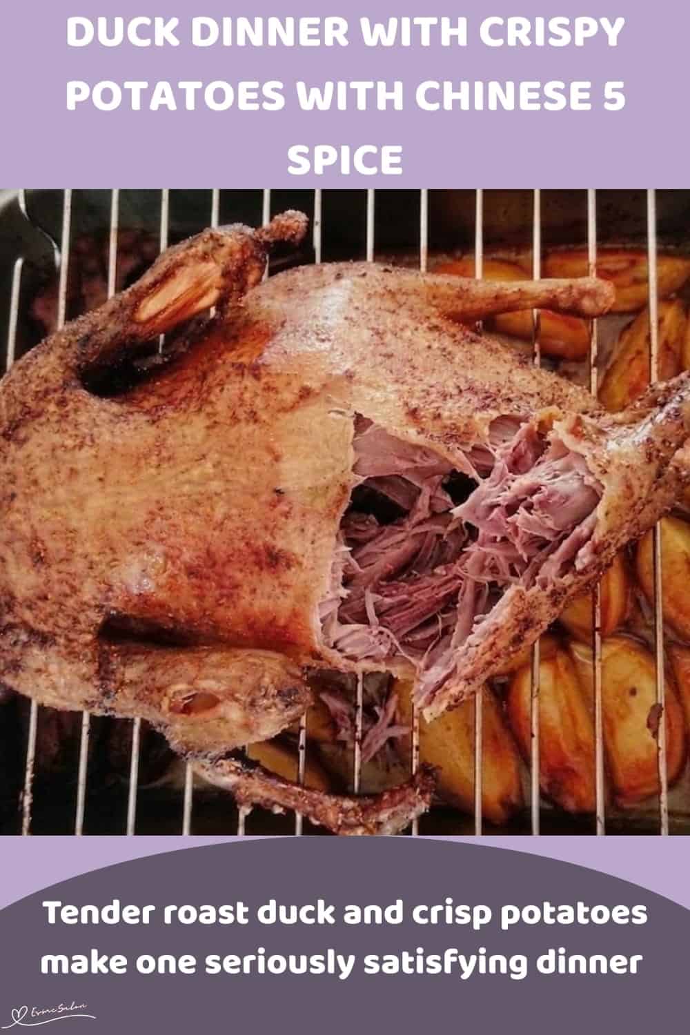 An image of a Duck roasting with potatoes underneath the rack
