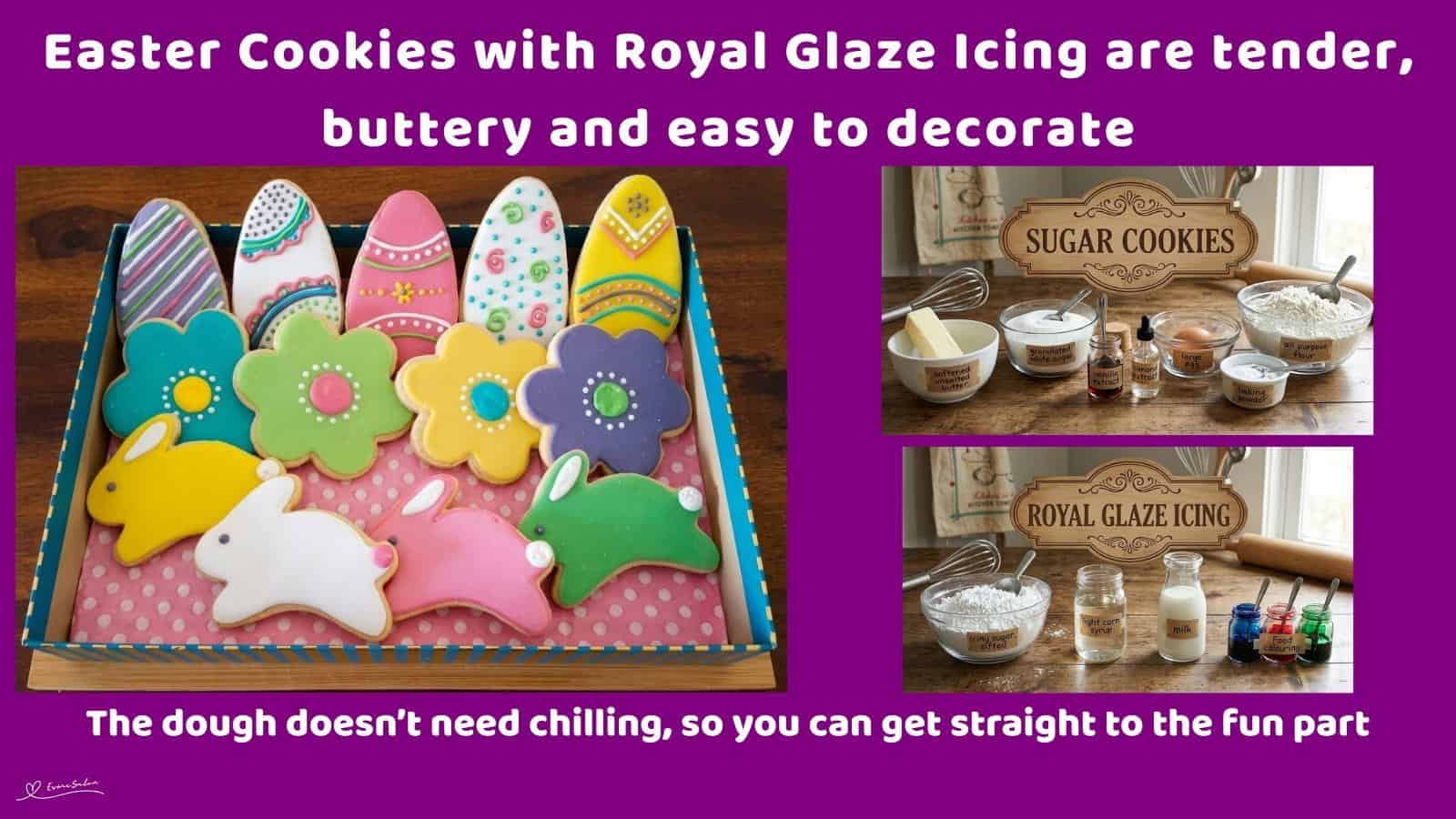 An image of a Easter Cookies with Royal Glaze Icing in Bunny, flower and Egg shapes