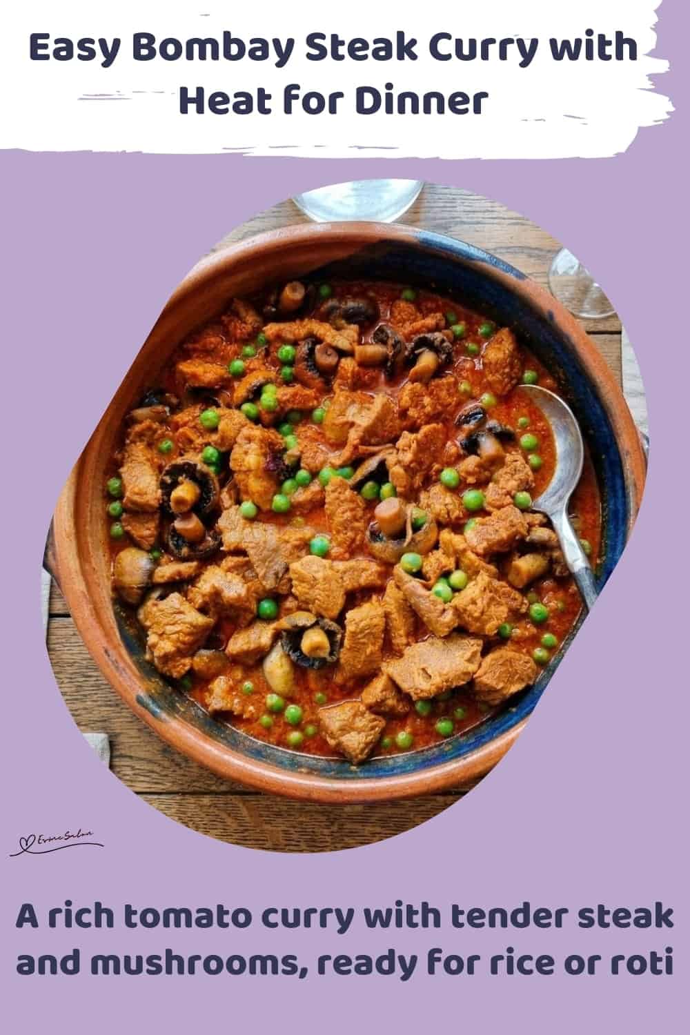 An image of a plate of Bombay Steak Curry with mushrooms and bold curry spices