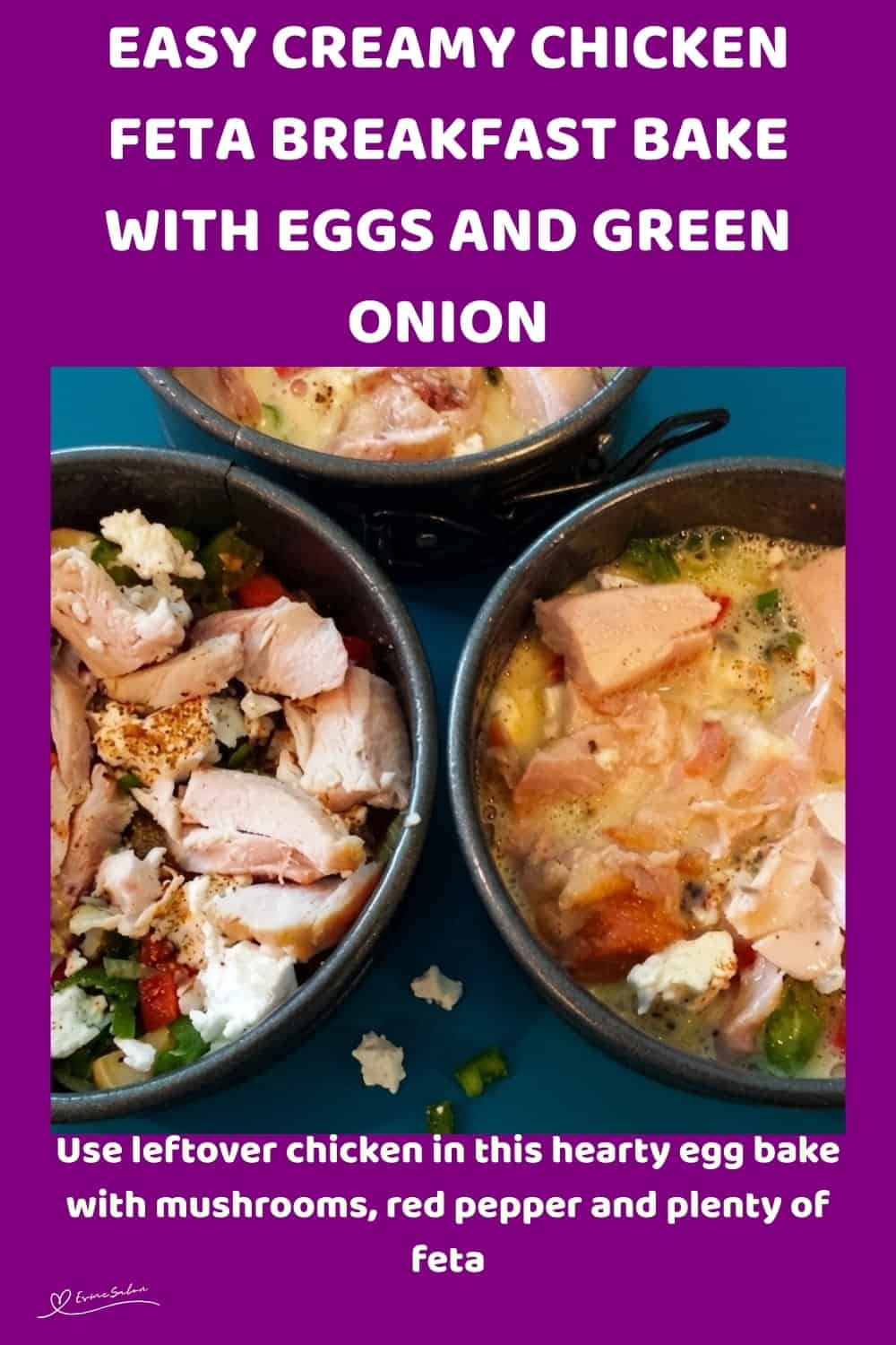 An image of Creamy Chicken Feta Breakfast Bake in the making and a single serving on a side plate