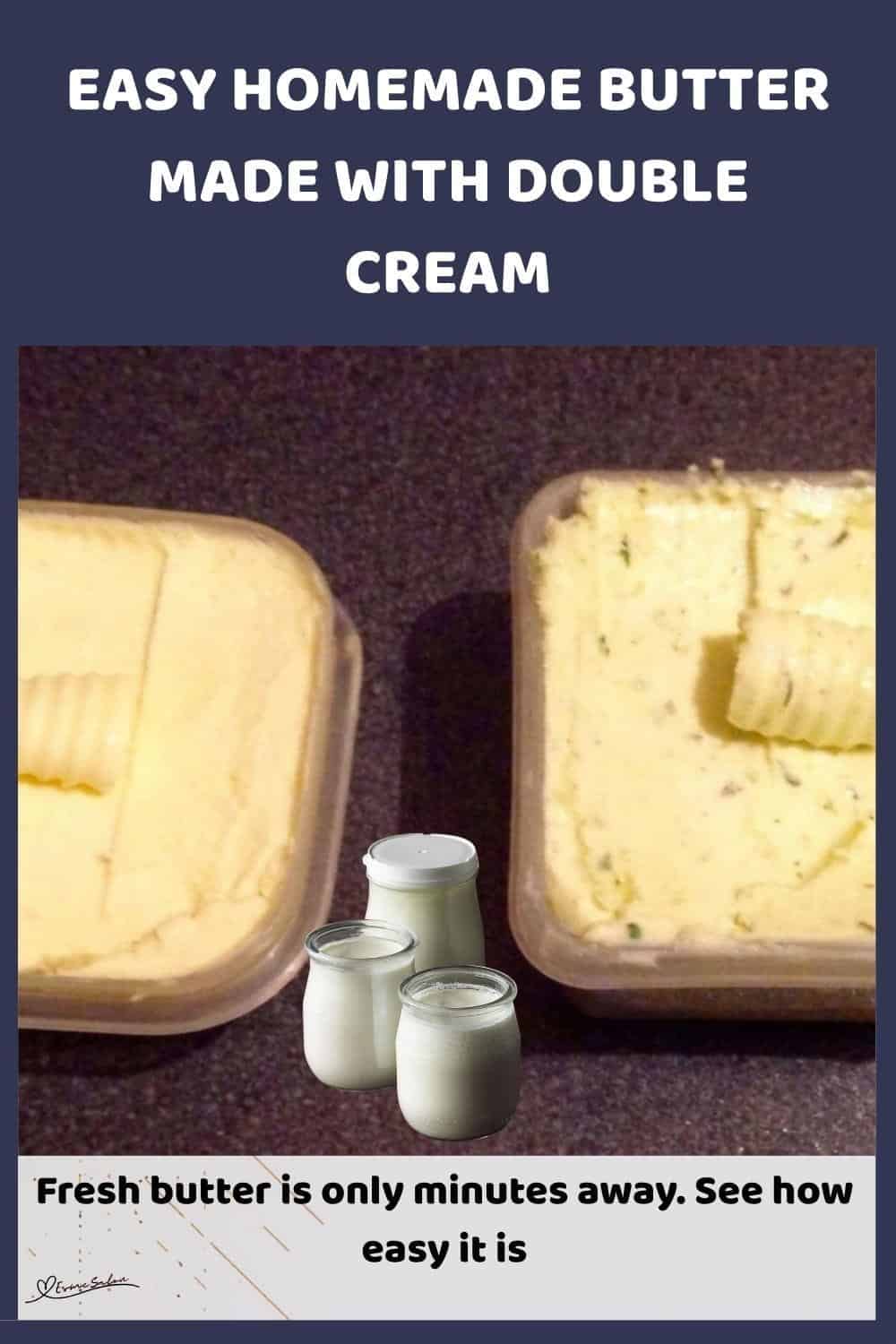 An image of Homemade Butter in tubs and some with fresh herbs
