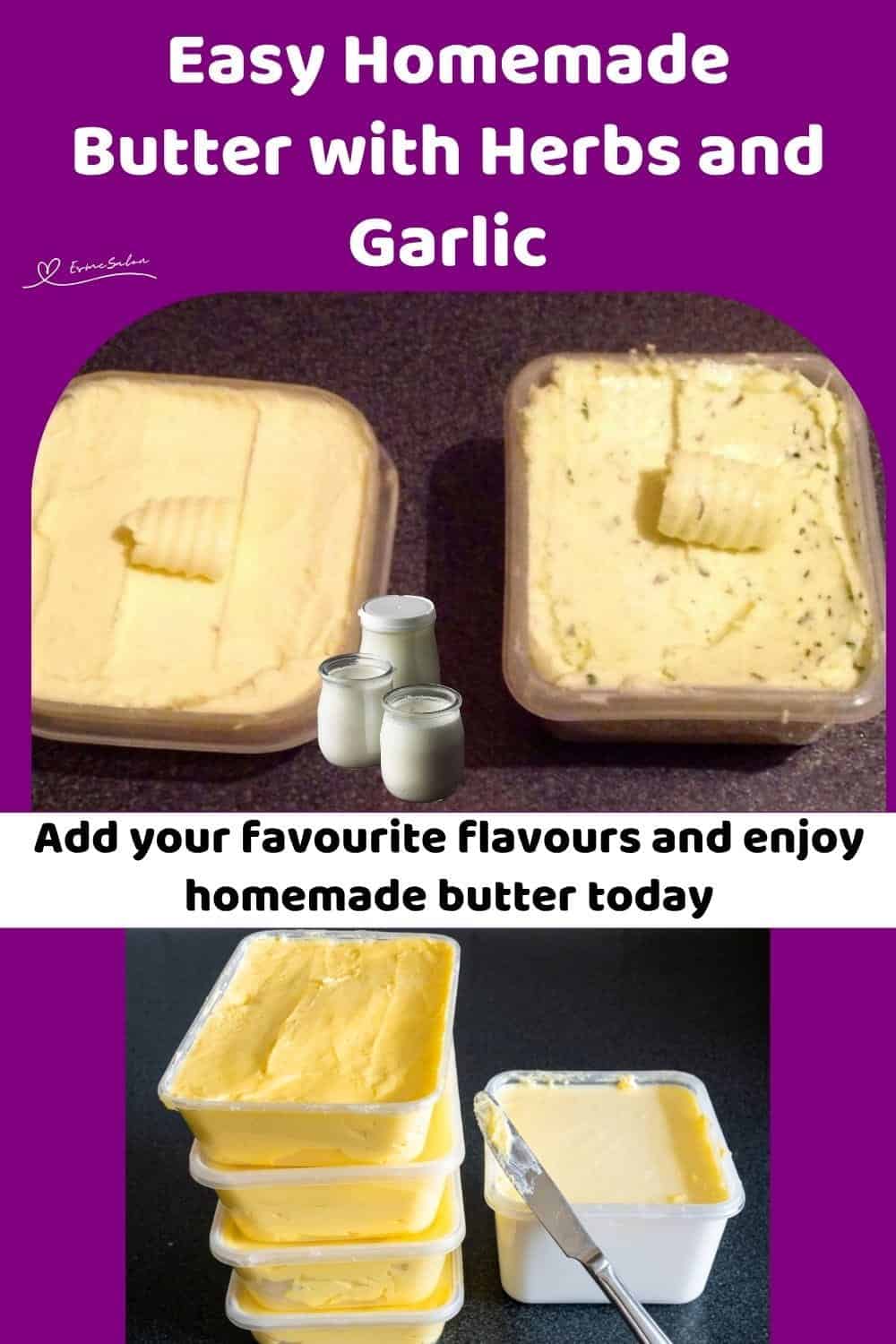 An image of Homemade Butter in tubs and some with fresh herbs
