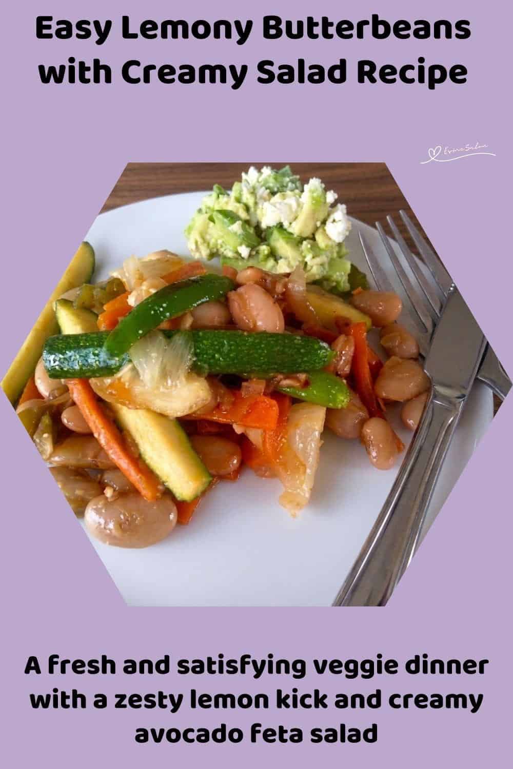 An image of a Vegetarian Lemony Butterbean dish with Creamy Avocado and Feta Salad