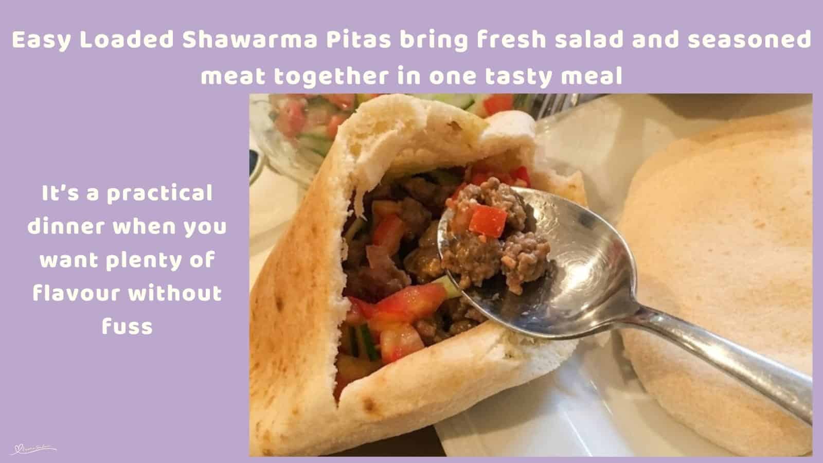 An image of a plate with Easy Loaded Shawarma Pitas, eggplant, hummus, tahini and salad