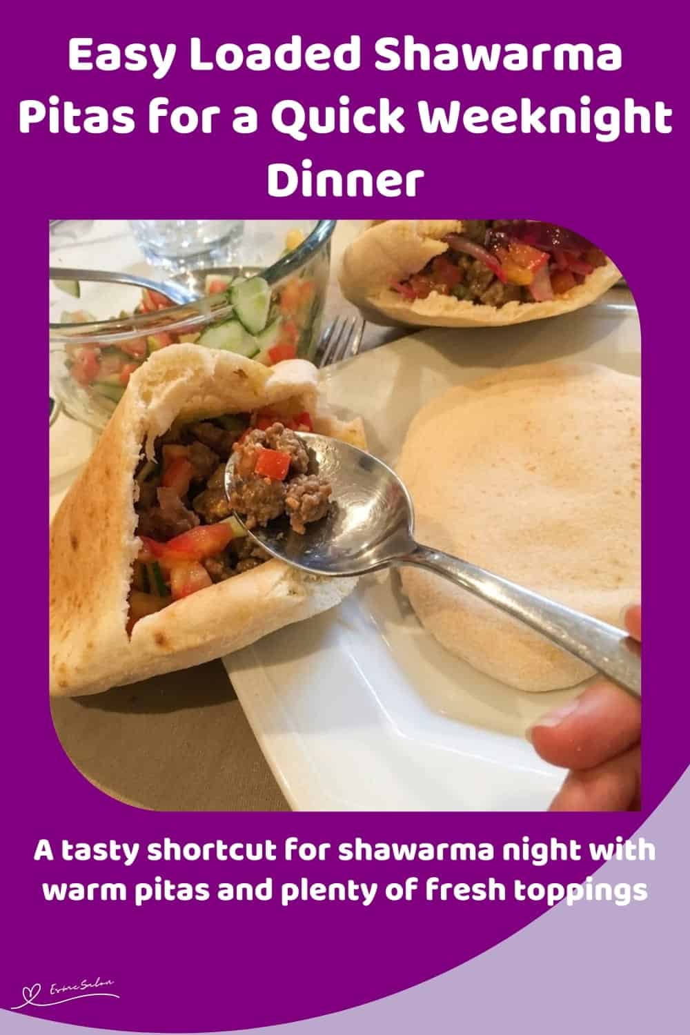 An image of a plate with Easy Loaded Shawarma Pitas, eggplant, hummus, tahini and salad