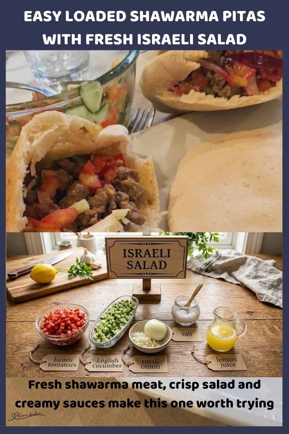 An image of a plate with Easy Loaded Shawarma Pitas, eggplant, hummus, tahini and salad