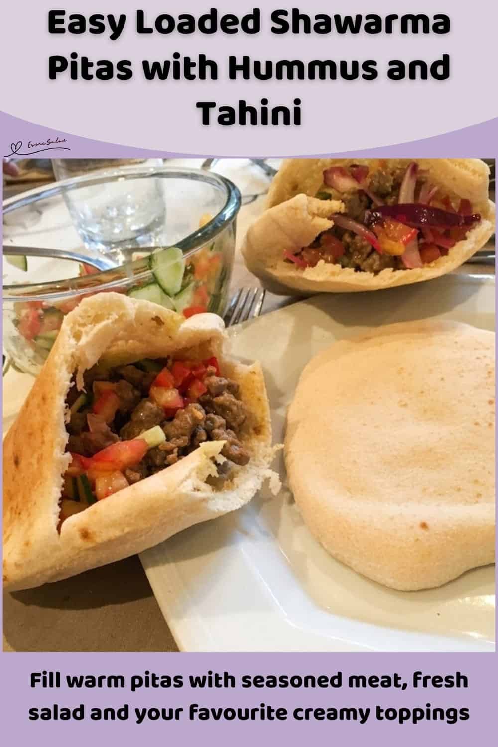 An image of a plate with Easy Loaded Shawarma Pitas, eggplant, hummus, tahini and salad