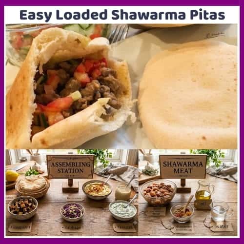 An image of a plate with Easy Loaded Shawarma Pitas, eggplant, hummus, tahini and salad
