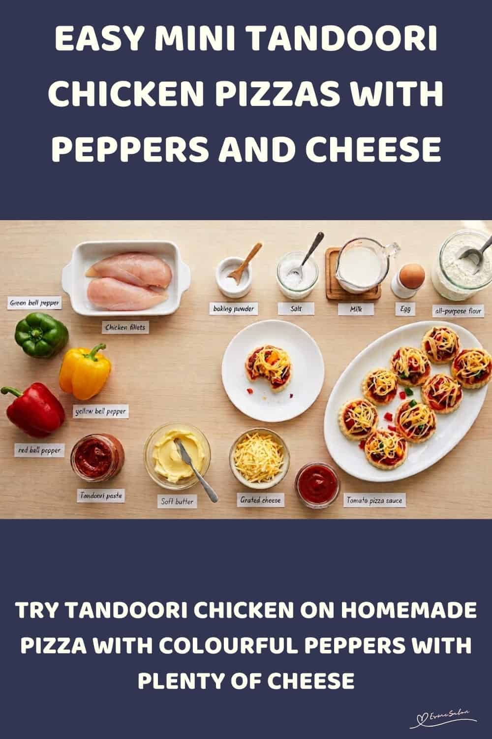 An image of a platter with Mini Chicken Pizzas with bell pepper, tandoori chicken and cheese