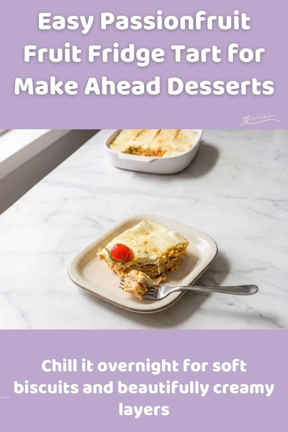 An image of a Passionfruit Fruit Fridge Tart with condensed milk, tennis biscuits and chopped walnuts