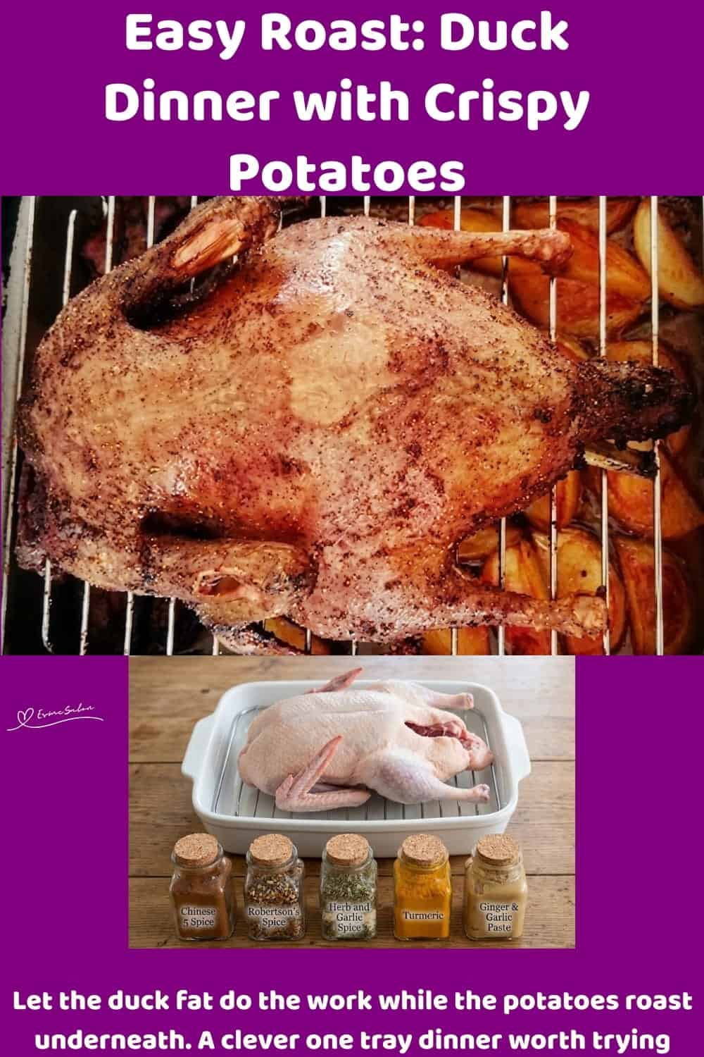 An image of a Duck roasting with potatoes underneath the rack