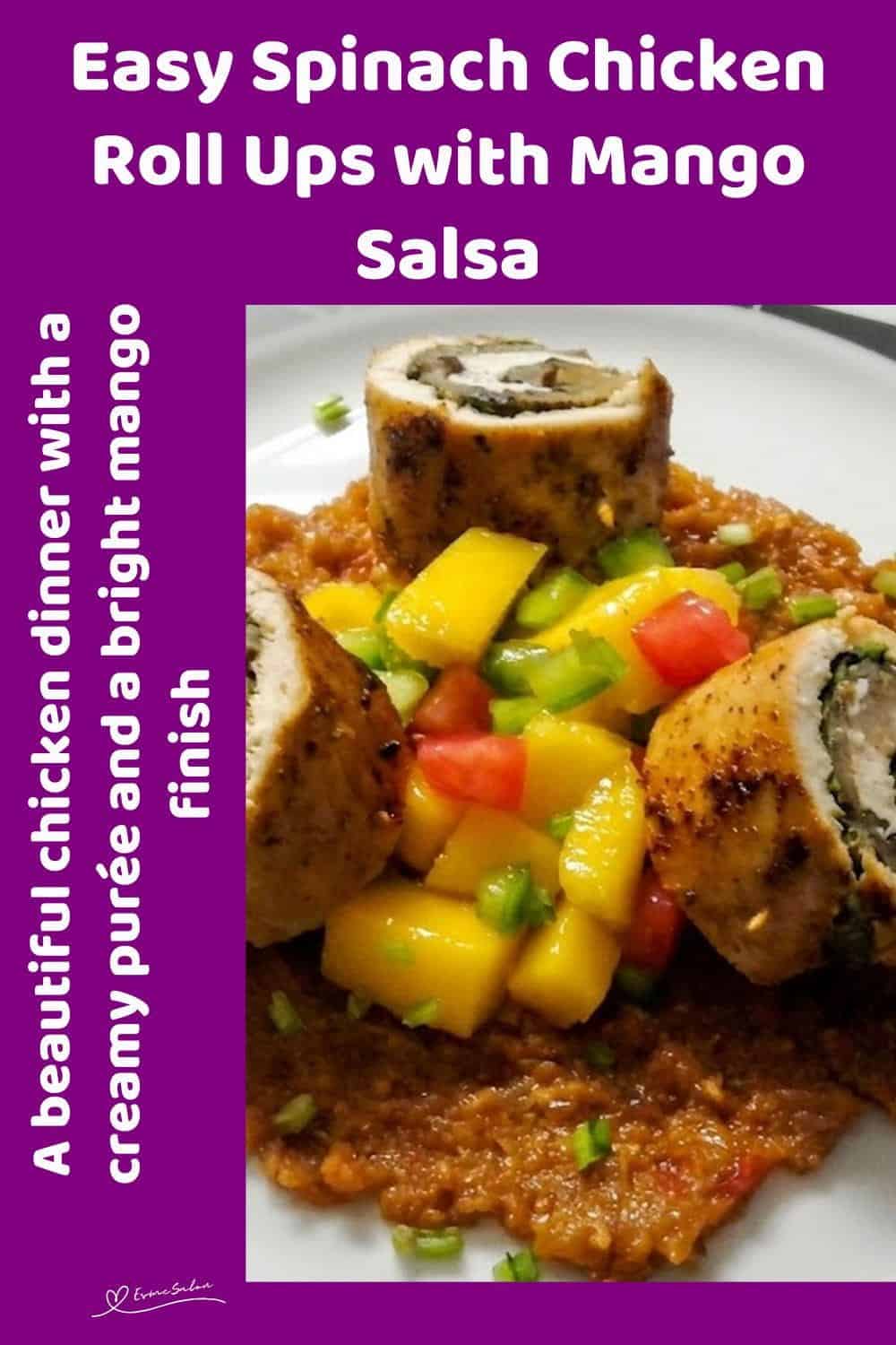 An image of a serving of Spinach Chicken Roll Ups with Aubergine Purée and Mango Salsa sauce