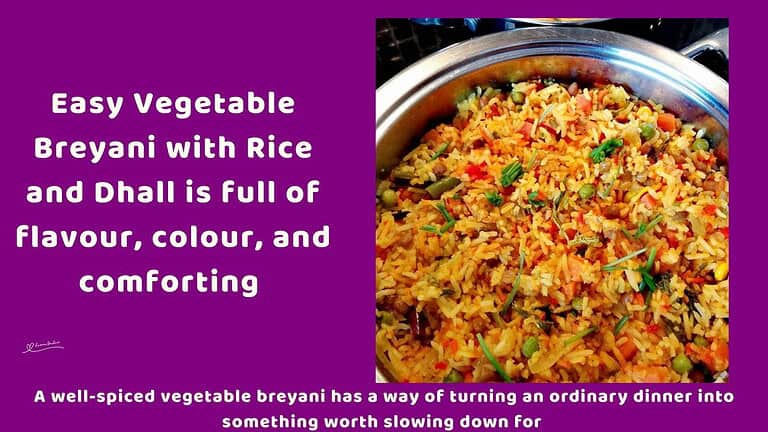 An image of a colourful, bold spice Vegetable Breyani with Rice and Dhall