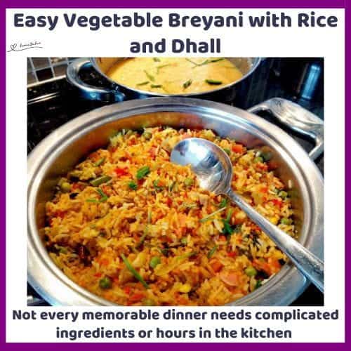 An image of a colourful, bold spice Vegetable Breyani with Rice and Dhall