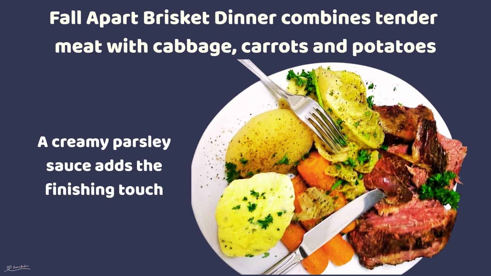 An image of a plate of Pickled Brisket Dinner with potatoes and carrots, with a parsley sauce