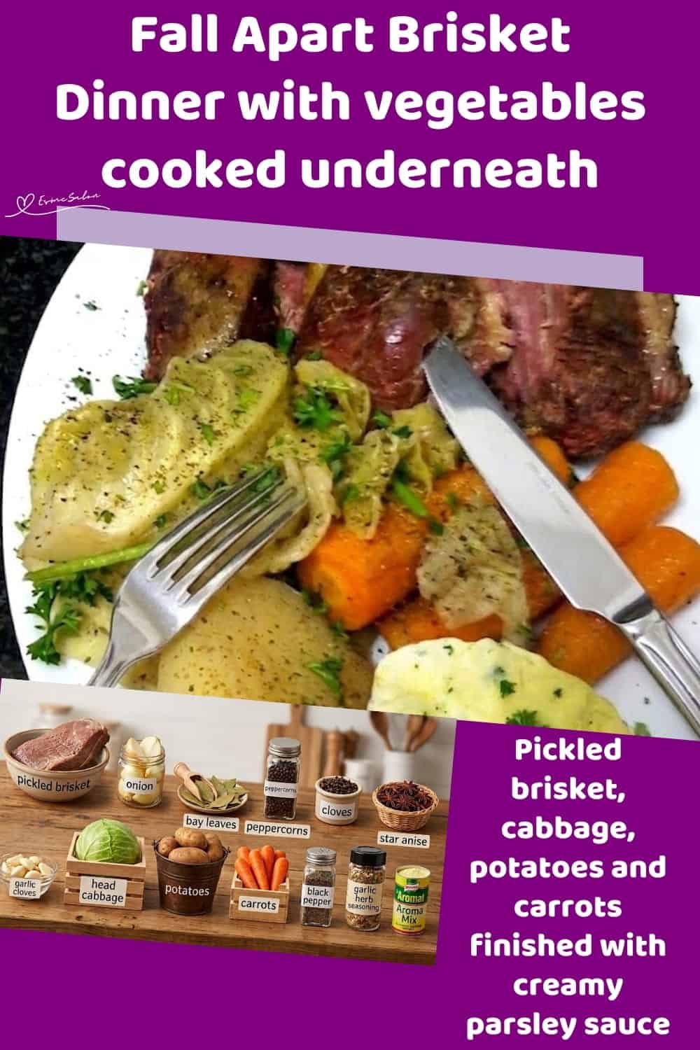 An image of a plate of Pickled Brisket Dinner with potatoes and carrots, with a parsley sauce