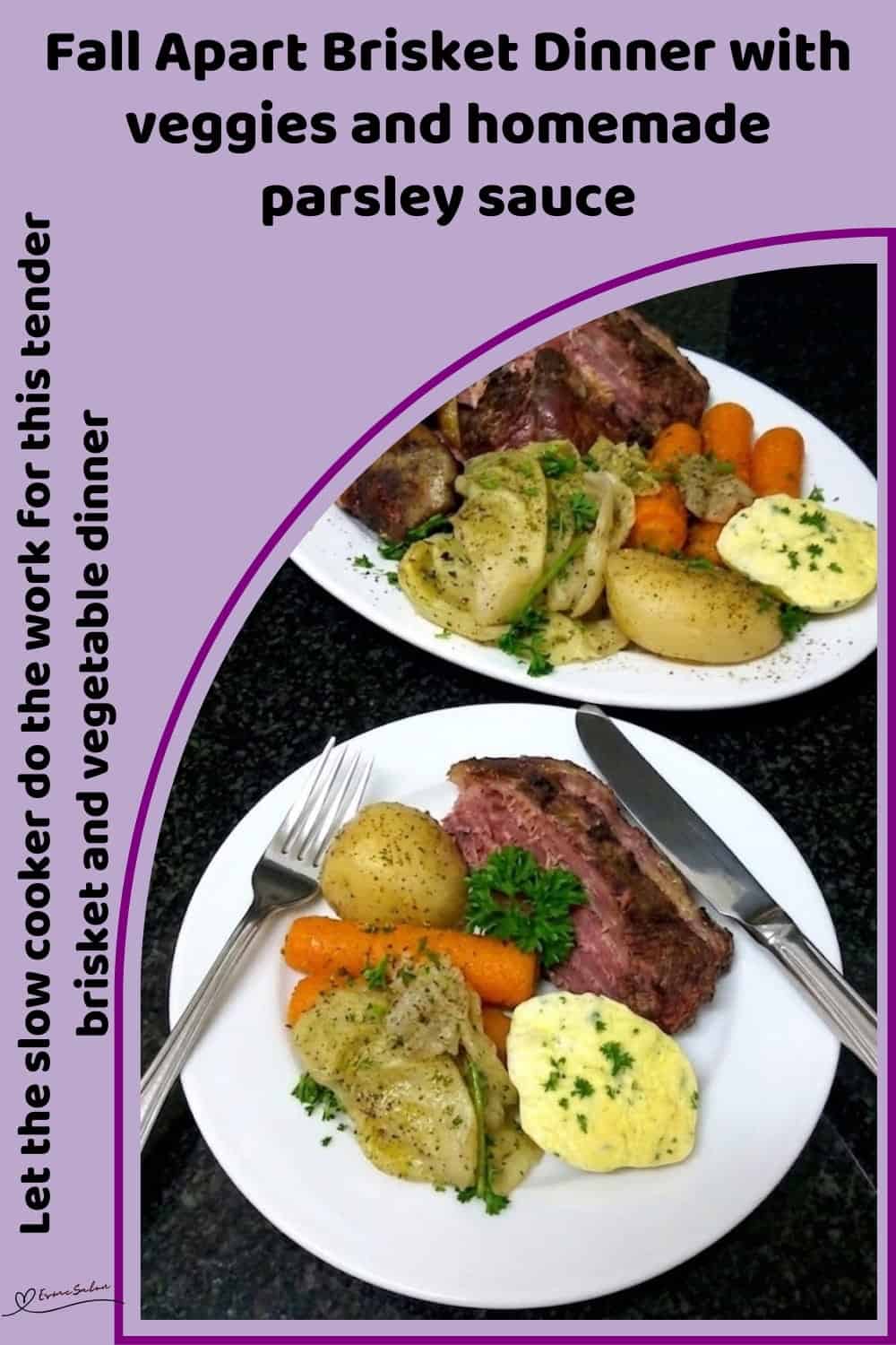 An image of a plate of Pickled Brisket Dinner with potatoes and carrots, with a parsley sauce